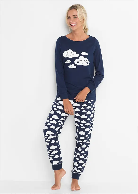 Pyjama aus reiner Bio-Baumwolle in blau von vorne (Totalaufnahme) - bonprix
