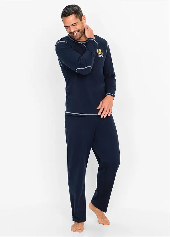 Pyjama aus reiner Baumwolle mit langen Ärmeln. in blau von vorne (Totalaufnahme) - bonprix