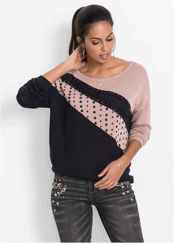 Longpullover mit Applikation in schwarz von vorne (im Anschnitt) - bonprix Longpullover mit Applikation in schwarz von vorne (im Anschnitt) - bonprix