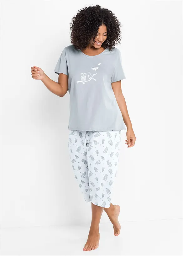 Capri Pyjama mit kurzen Ärmeln in grau von vorne (Totalaufnahme) - bonprix