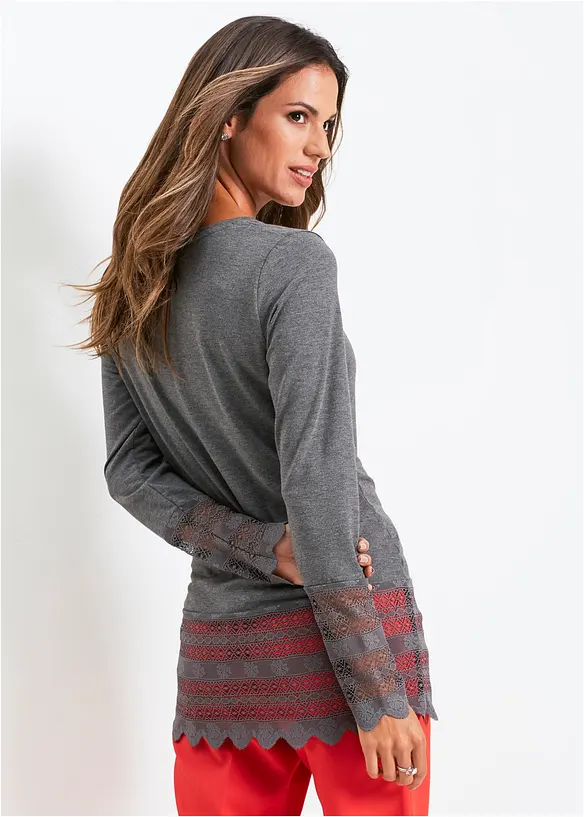 Longshirt mit Spitze in grau von hinten (im Anschnitt) - bonprix