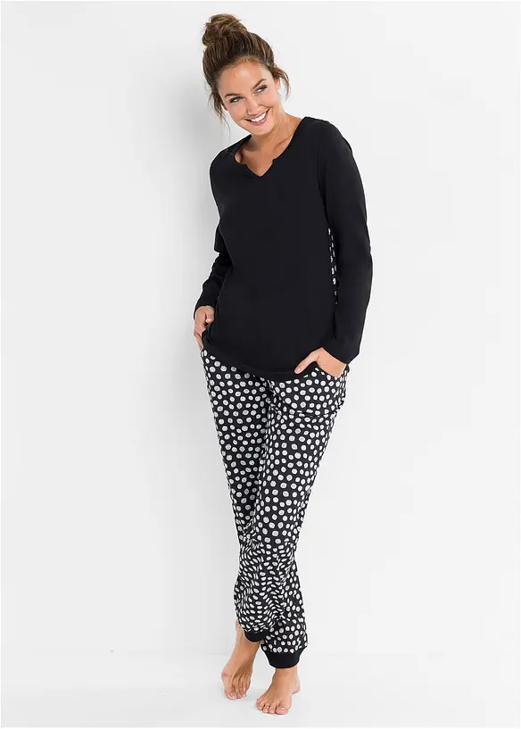 Pyjama aus reiner Bio-Baumwolle in schwarz von vorne (Totalaufnahme) - bonprix