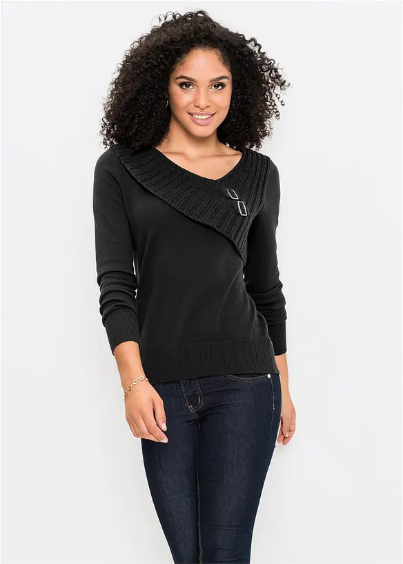 Feinstrickpullover aus Baumwoll-Mix in schwarz von vorne (im Anschnitt) - bonprix Feinstrickpullover aus Baumwoll-Mix in schwarz von vorne (im Anschnitt) - bonprix