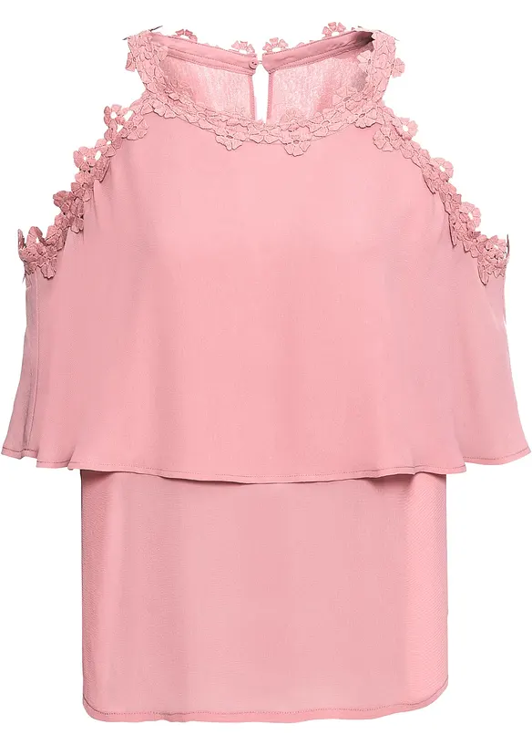 Cold-Shoulder-Bluse mit Spitze in rosa von vorne - BODYFLIRT