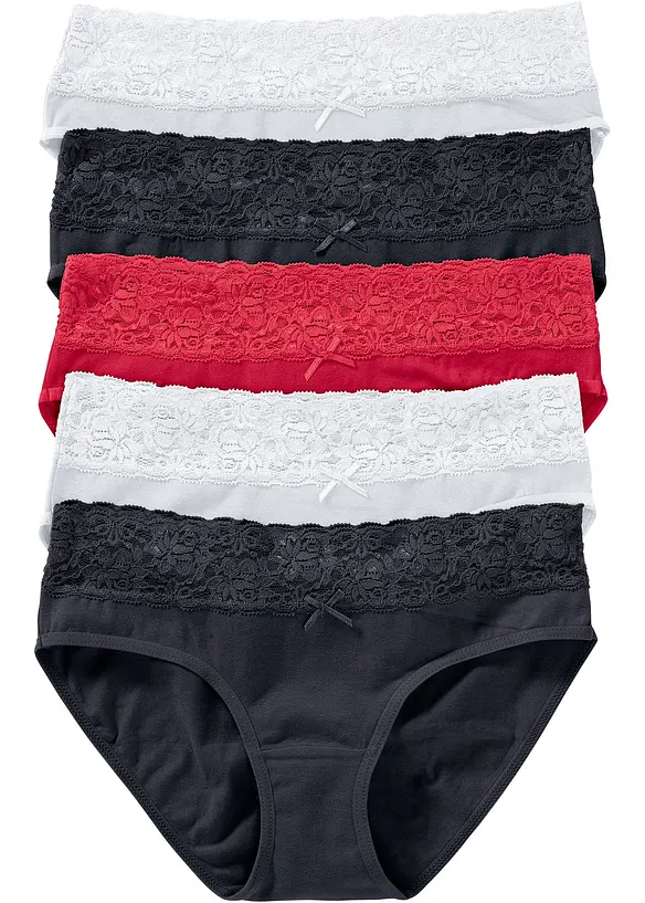Slip mit weicher Baumwolle und Spitze (5er Pack) in schwarz - bonprix