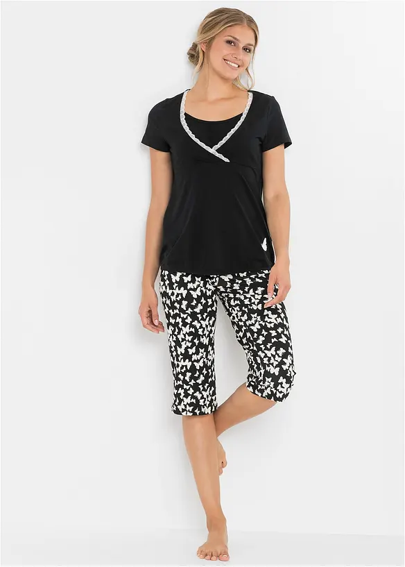 Capri Still Pyjama mit Bio-Baumwolle in schwarz von vorne (Totalaufnahme) - bonprix