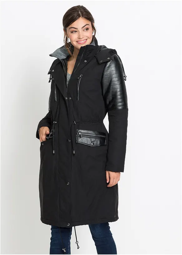 Long-Parka mit Lederimitateinsatz in schwarz von vorne (Totalaufnahme) - bonprix