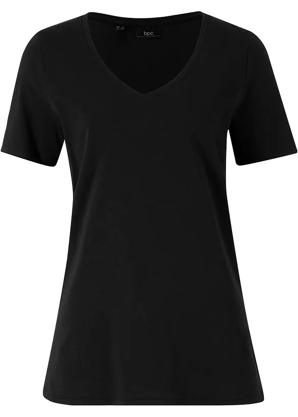 T-Shirt mit tiefem V-Ausschnitt mit Bio-Baumwolle in schwarz von vorne - bonprix