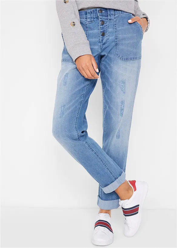 Boyfriend-Jeans Mid Waist Komfort-Stretch in blau von vorne - bonprix