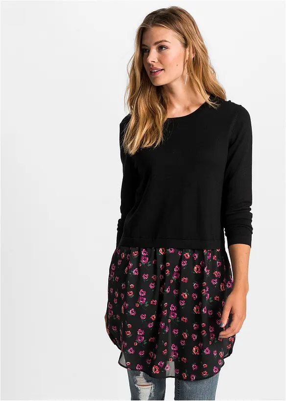 Feinstrickpullover mit Rockansatz in schwarz von vorne (im Anschnitt) - bonprix