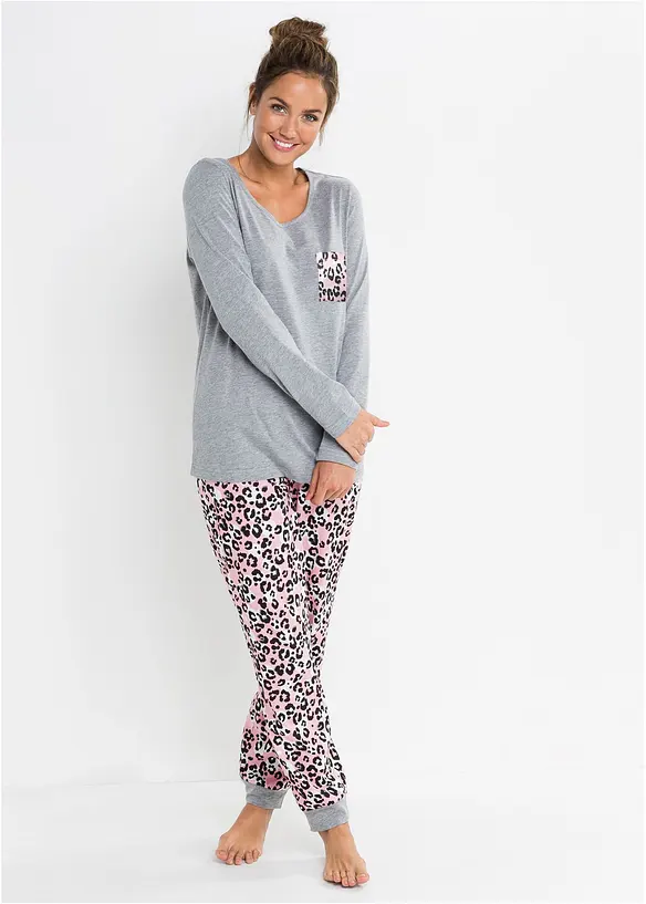 Pyjama mit Bio-Baumwolle in grau von vorne (Totalaufnahme) - bonprix
