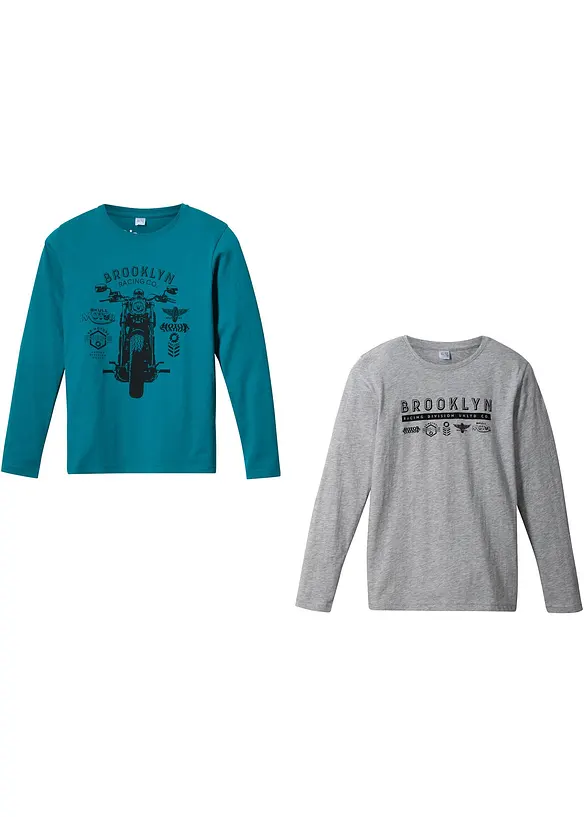 Langarmshirt mit Bio-Baumwolle (2er-Pack) in petrol von vorne - bonprix