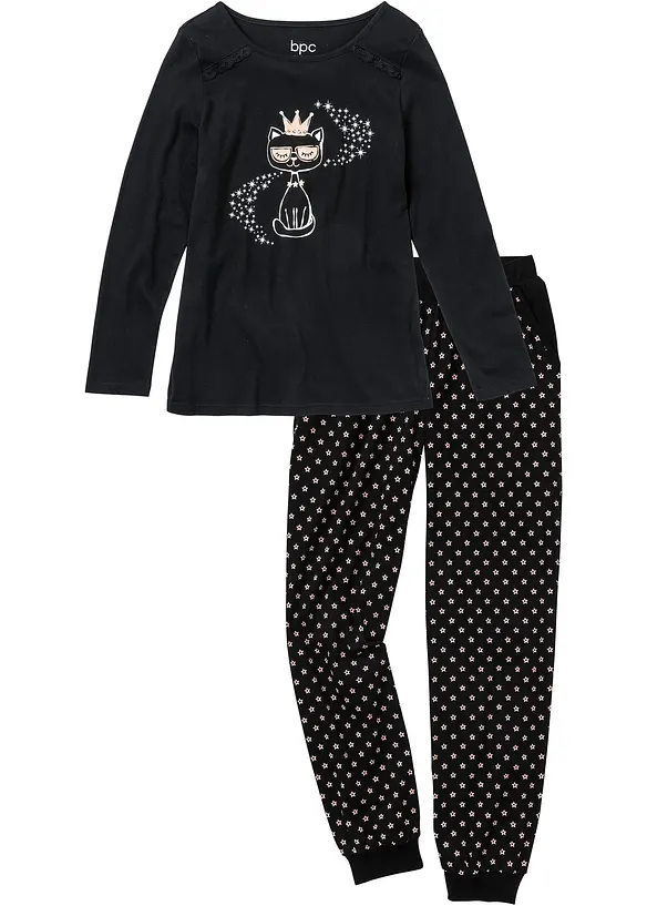 Pyjama aus reiner Bio-Baumwolle in schwarz von vorne - bonprix