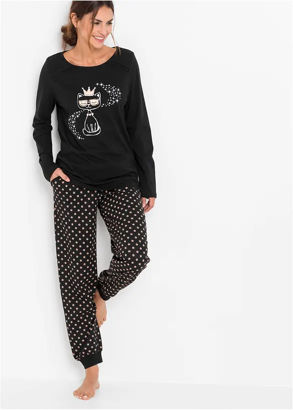 Pyjama aus reiner Bio-Baumwolle in schwarz von vorne (Totalaufnahme) - bonprix