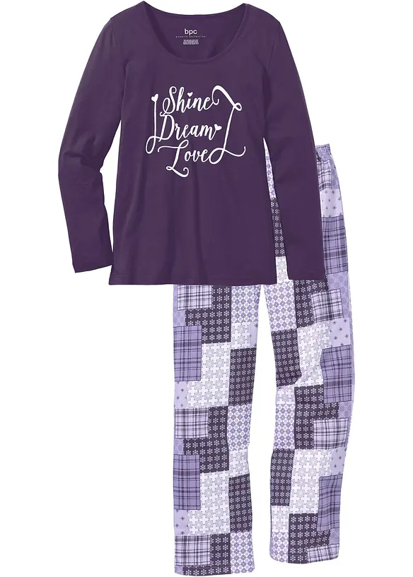 Pyjama aus reiner Bio-Baumwolle in lila von vorne - bonprix