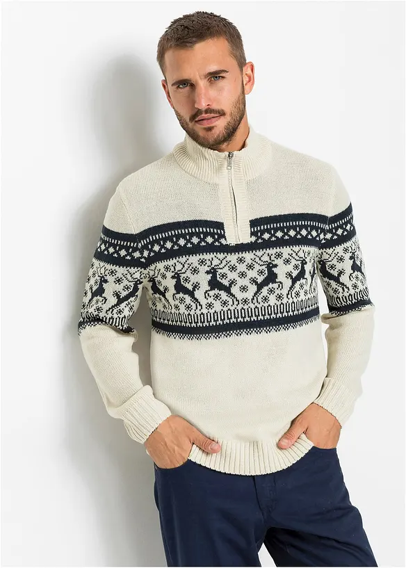 Norweger-Pullover in Regular Fit in beige von vorne (im Anschnitt) - bonprix