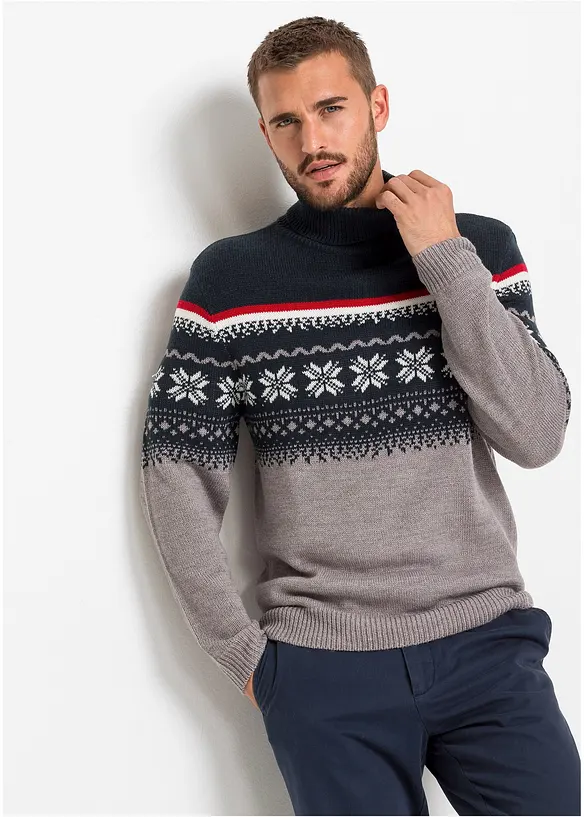 Norweger-Pullover mit Rollkragen in grau von vorne (im Anschnitt) - bonprix