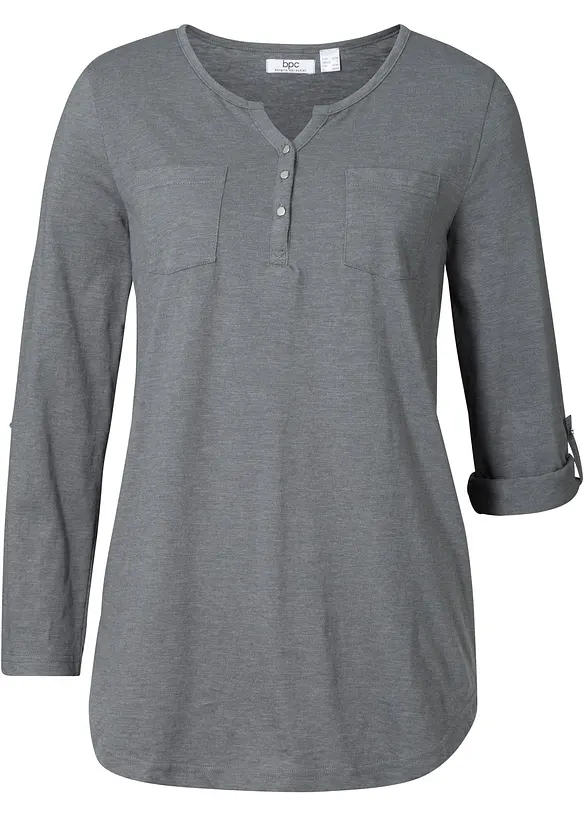 Baumwoll-Henleyshirt mit Knopfleiste in grau von vorne - bonprix