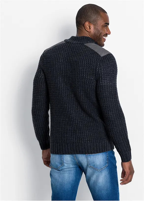 Grobstrick Troyer Pullover mit Web-Besatz in grau von hinten (im Anschnitt) - bonprix
