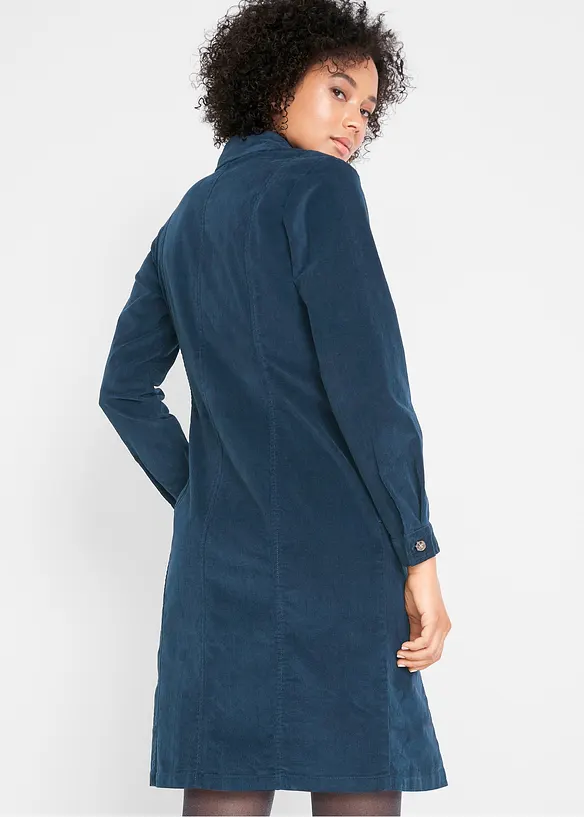 Cord-Hemdblusenkleid aus elastischem Baumwoll-Mix in blau von hinten (Totalaufnahme) - bonprix