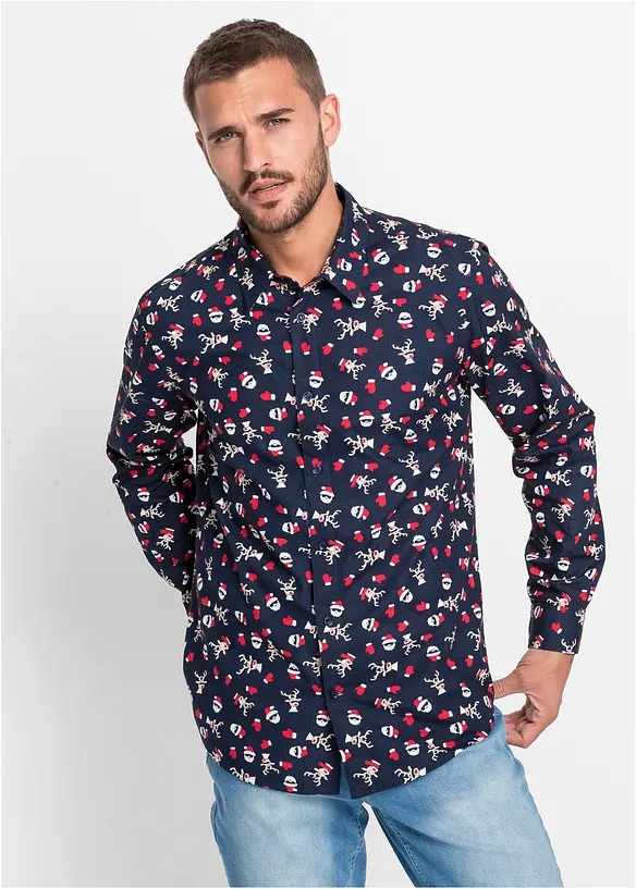 Langarmhemd mit Weihnachts-Druck aus reiner Baumwolle, Slim Fit in blau von vorne (im Anschnitt) - bonprix