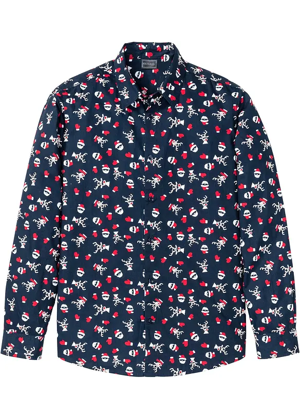 Langarmhemd mit Weihnachts-Druck aus reiner Baumwolle, Slim Fit in blau von vorne - bonprix