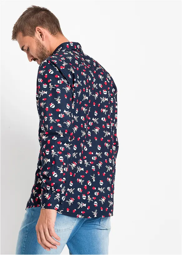 Langarmhemd mit Weihnachts-Druck aus reiner Baumwolle, Slim Fit in blau von hinten (im Anschnitt) - bonprix