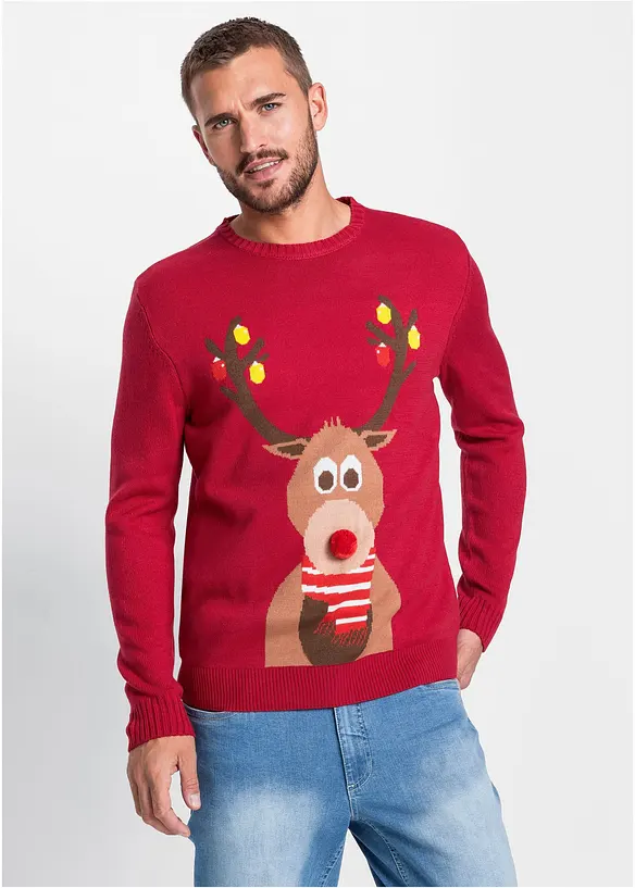 Pullover mit Weihnachtsmotiv in rot von vorne (im Anschnitt) - bonprix