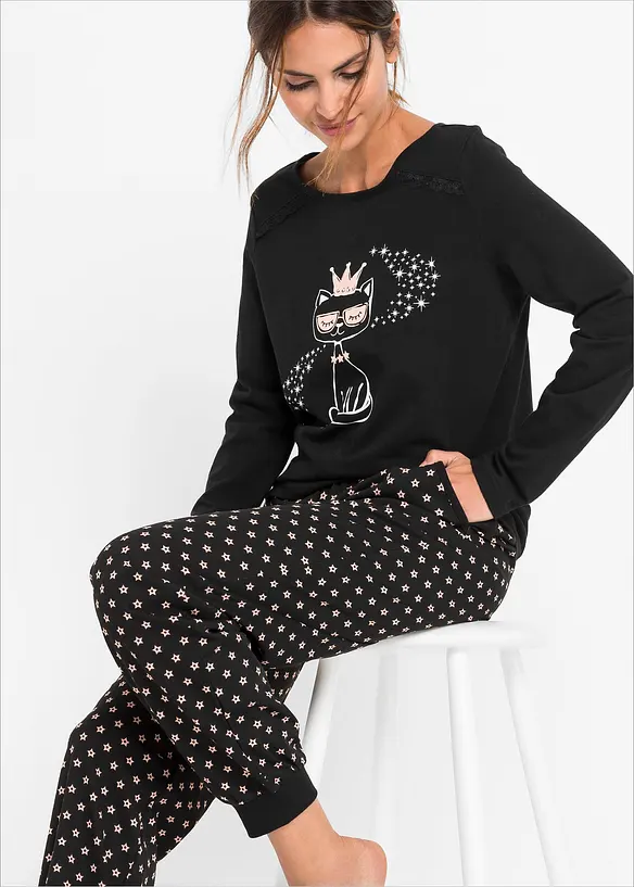 Pyjama aus reiner Bio-Baumwolle in schwarz (Detailaufnahme) - bonprix