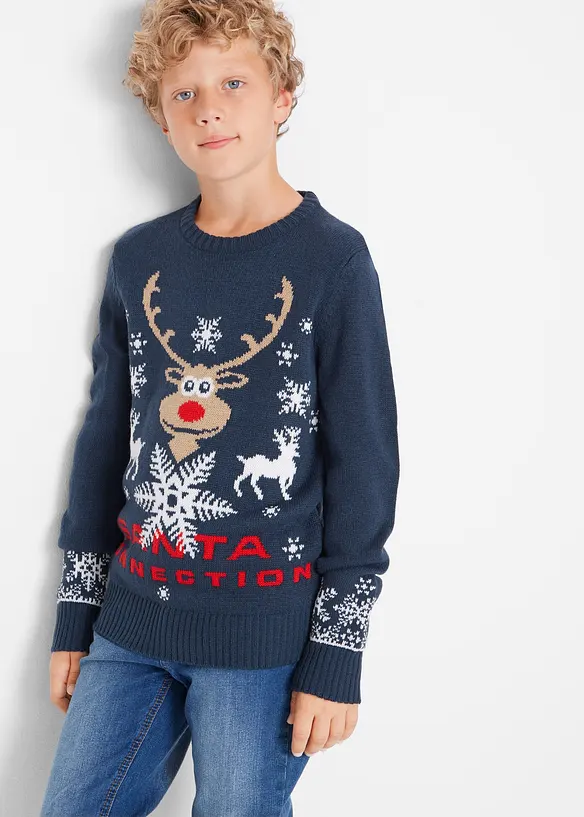 Feinstrickpullover mit Weihnachtsmotiv in blau von vorne (im Anschnitt) - bonprix