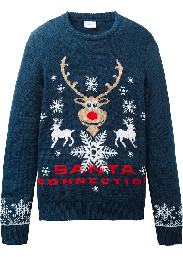 Feinstrickpullover mit Weihnachtsmotiv in blau von vorne - bonprix