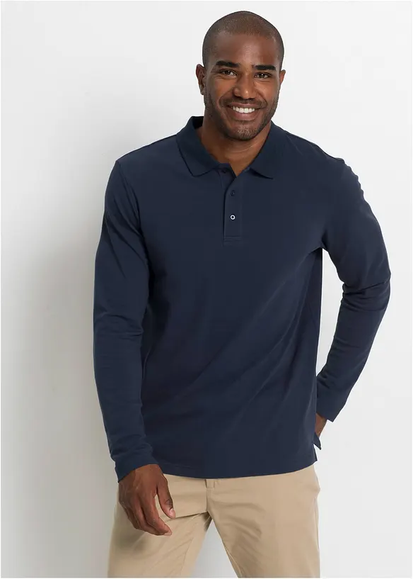 Piqué-Poloshirt, Langarm in blau von vorne (im Anschnitt) - bonprix
