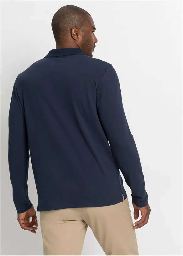 Piqué-Poloshirt, Langarm in blau von hinten (im Anschnitt) - bonprix