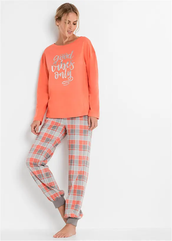 Pyjama aus reiner Bio-Baumwolle in orange von vorne (Totalaufnahme) - bonprix