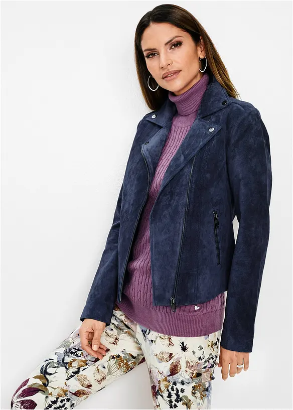 Biker-Jacke aus Echtleder in blau von vorne (im Anschnitt) - bonprix