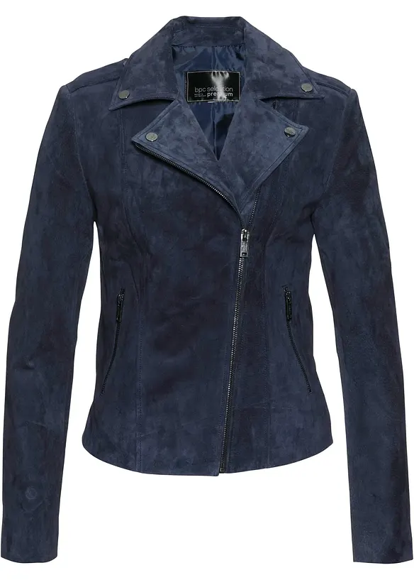 Biker-Jacke aus Echtleder in blau von vorne - bonprix
