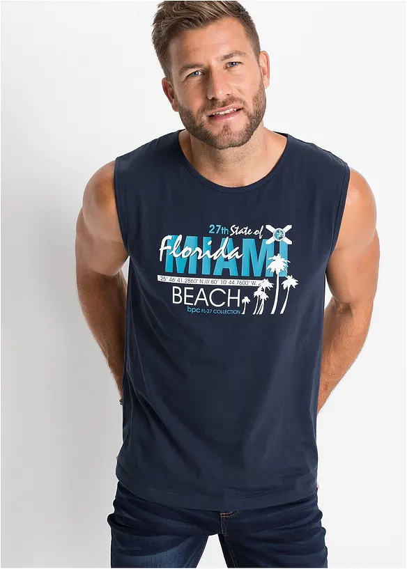 Muskelshirt aus reiner Bio-Baumwolle in blau von vorne (im Anschnitt) - bonprix