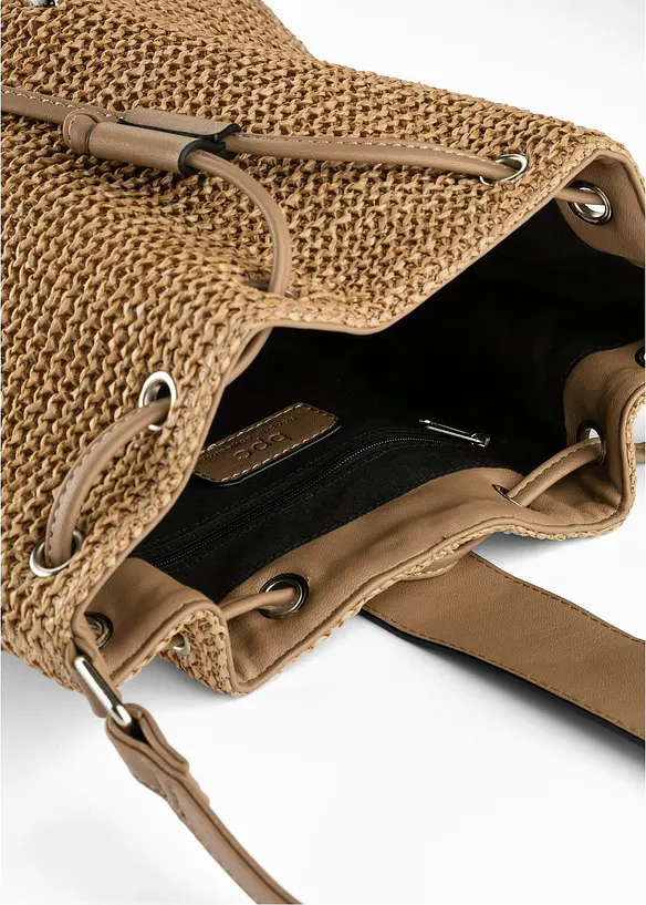 Beuteltasche in Strohoptik in beige geöffnet - bonprix
