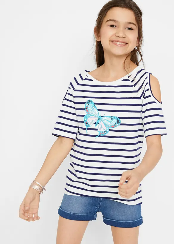 Cold-Shoulder-Shirt mit Bio-Baumwolle (2er Pack) in blau von vorne (im Anschnitt) - bonprix
