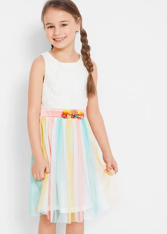 Midikleid aus zarter Spitze und Tüll in weiß von vorne (Totalaufnahme) - bonprix