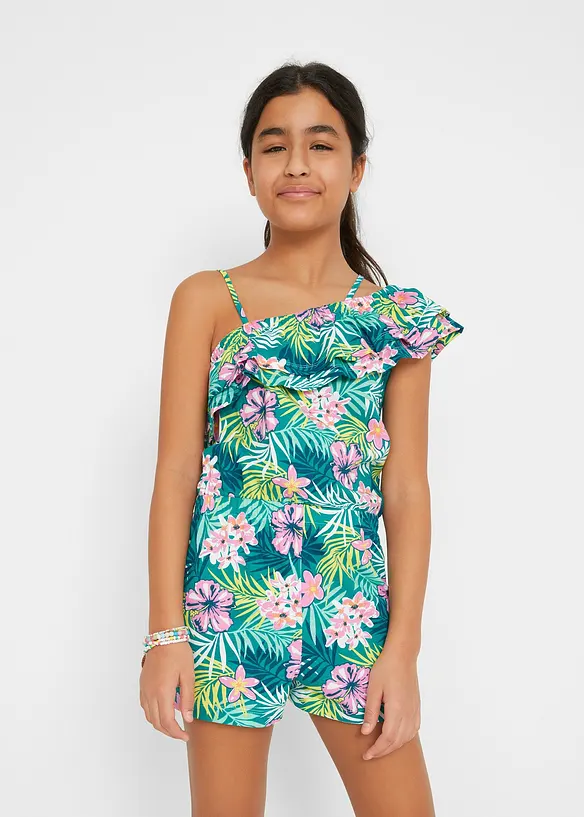 One-Shoulder-Jumpsuit aus reiner Bio-Baumwolle in grün von vorne (Totalaufnahme) - bonprix