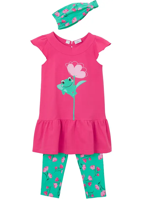 Mädchen Kleid, 3/4 Leggings, Kopfbedeckung (3-tlg.Set) mit Bio-Baumwolle in pink von vorne - bonprix