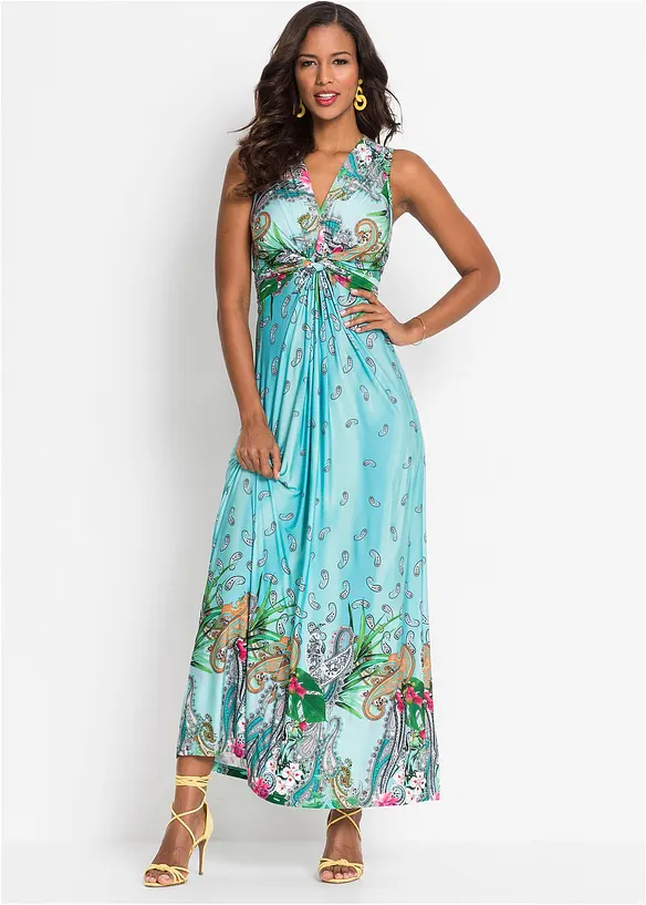 Maxikleid mit dekorativem Knotendetail in blau von vorne (Totalaufnahme) - bonprix