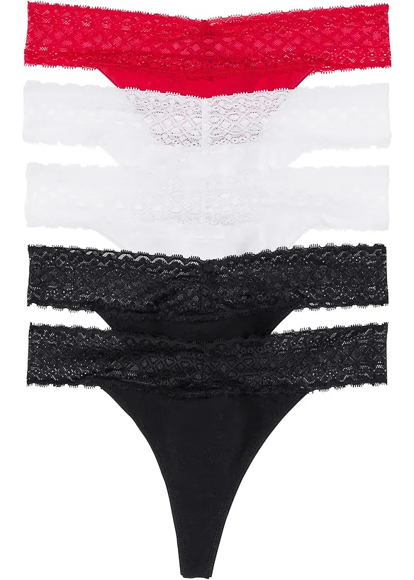 String mit Spitze (5er Pack) in schwarz von vorne - bonprix