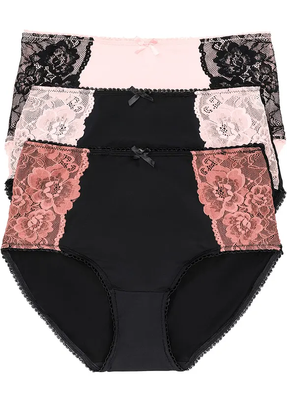 Maxislip aus Microfaser und mit Spitze (3er Pack) in schwarz von vorne - bonprix