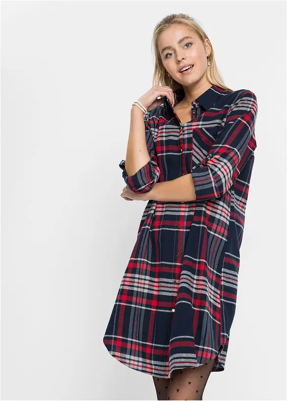 Hemdblusenkleid aus reiner Baumwolle in blau von vorne (Totalaufnahme) - bonprix