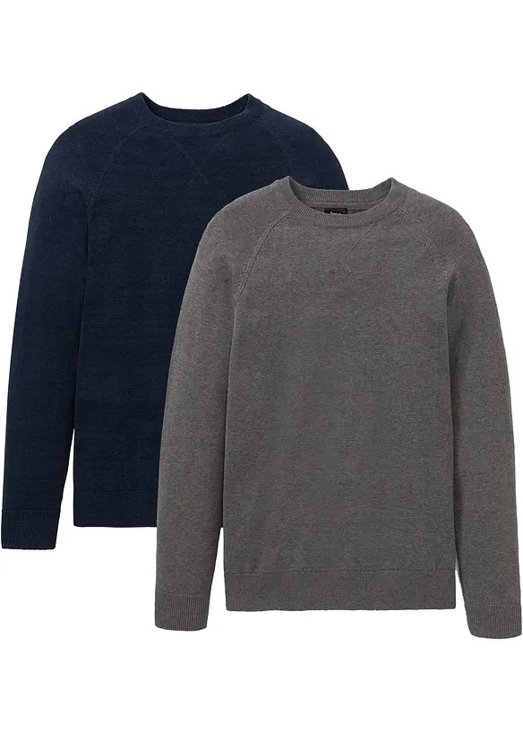 Feinstrickpullover aus reiner Baumwolle (2er Pack) in grau von vorne - bonprix