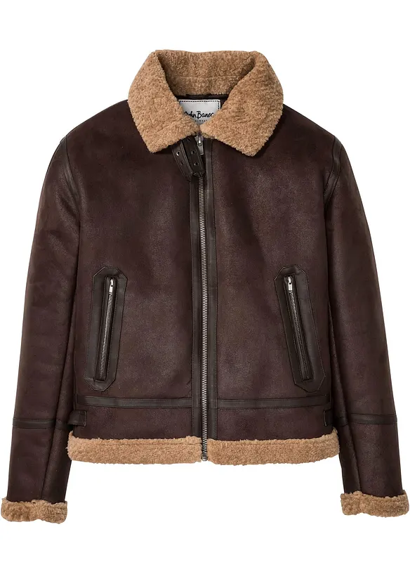 Lederimitat-Jacke mit Teddyfutter in braun von vorne - bonprix