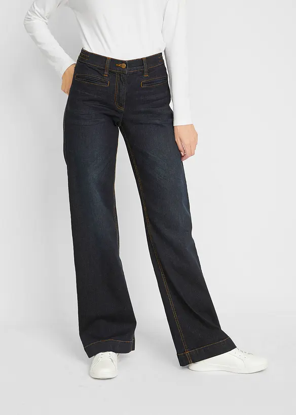 Wide-Leg-Jeans Mid Waist, Bequembund in blau von vorne - bonprix