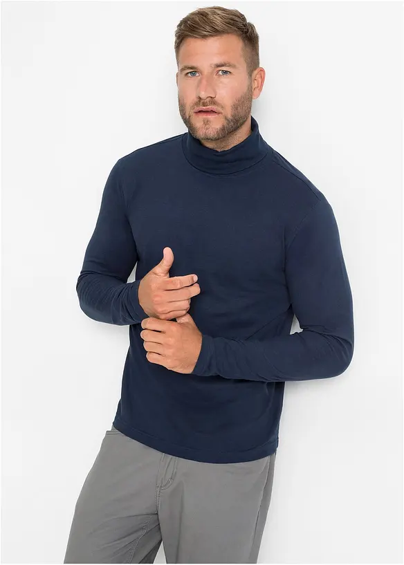 Rollkragen-Langarmshirt aus reiner Bio-Baumwolle in blau von vorne (im Anschnitt) - bonprix